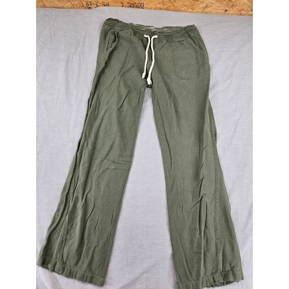 Cali 1850 Womens Medium Olive Green Linen Blend Wide Leg Drawstring Pants 2108 - Picture 1 of 11